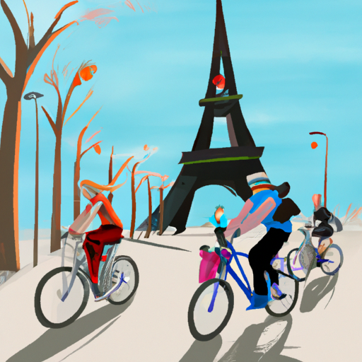 קבוצת רוכבי אופניים רוכבת על אופני Velib' ליד מגדל אייפל