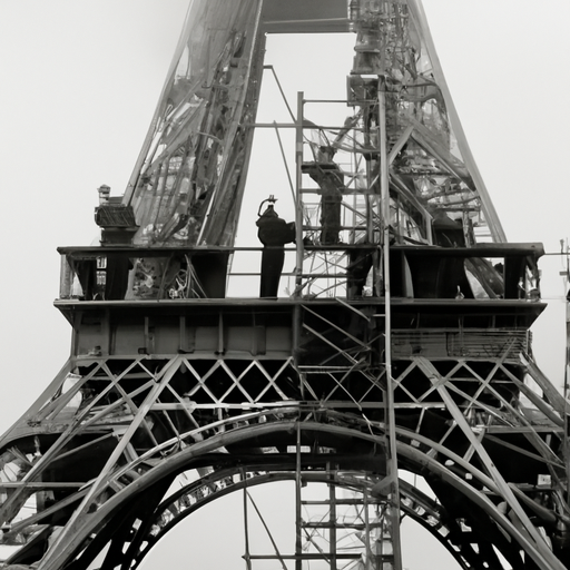 תצלום ישן של בניית מגדל אייפל הקטן, המציג את ההיסטוריה העשירה שלו.