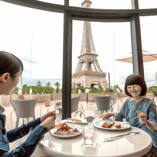 תיירים נהנים מארוחה בביסטרו הצרפתי של המגדל שבאתר.