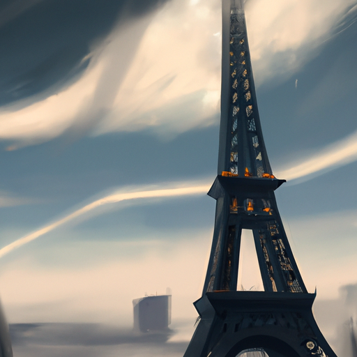 תמונה אחרונה של מגדל אייפל, ניצב על רקע קו הרקיע של פריז