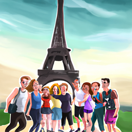 קבוצת תיירים מצטלמת על רקע מגדל אייפל