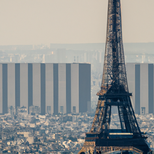 מבט אווירי של מגדל אייפל עם קו הרקיע של פריז ברקע