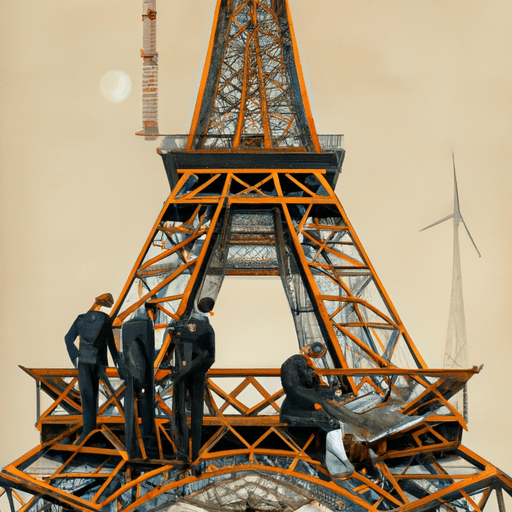 איור של גוסטב אייפל וצוות המהנדסים שלו בסוף המאה ה-19, עובדים על התוכניות של מגדל אייפל.