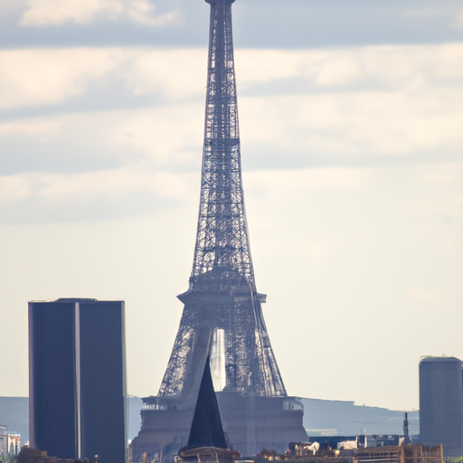 מגדל אייפל חולש על קו הרקיע של פריז, עם התמקדות בקומה הראשונה.