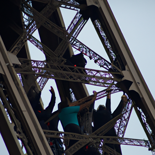 קבוצה של אנשים שמריעים לחבר כשהם מתחילים לטפס על מגדל אייפל
