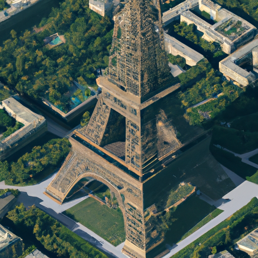 מבט אווירי של מגדל אייפל, המדגיש את מסגרת הברזל המורכבת שלו