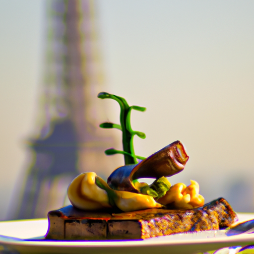 מנה מצופה יפה ממסעדת 58 Tour Eiffel, עם מגדל אייפל ברקע.