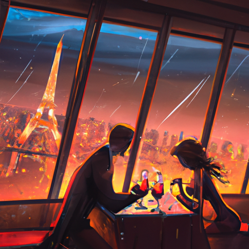 זוג נהנה מארוחה רומנטית במסעדת המגדל, הצופה אל עיר האור