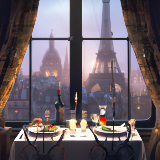 שולחן ערוך לארוחת ערב עם נוף מדהים של פריז דרך החלון
