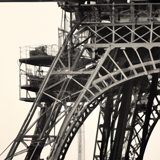 תצלום וינטג' בשחור-לבן של בניית מגדל אייפל