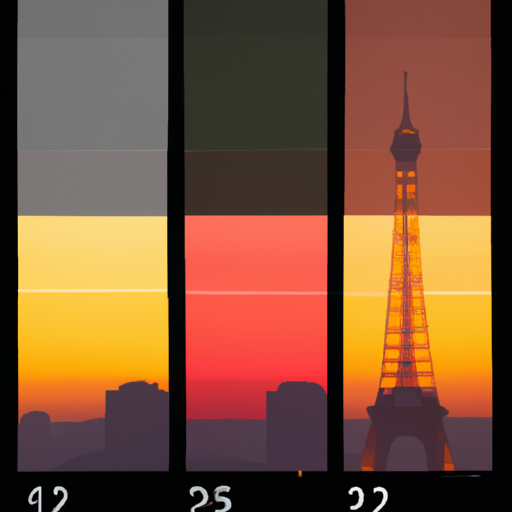תרשים מעברי צבע המציג את שינוי הצבע של מגדל אייפל בשקיעה