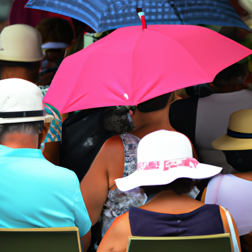 תיירים משתמשים במטריות ובכובעי שמש כדי להגן על עצמם מפני פגעי מזג האוויר בזמן ההמתנה