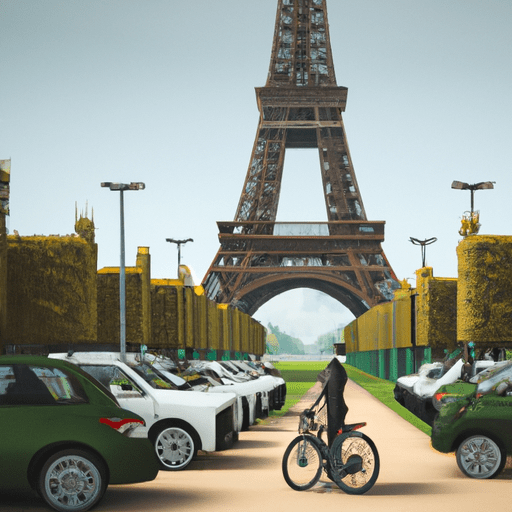 רוכב אופניים חולף על פני שורת מכוניות חונות ליד מגדל אייפל, ומקדם אפשרויות תחבורה ירוקות יותר