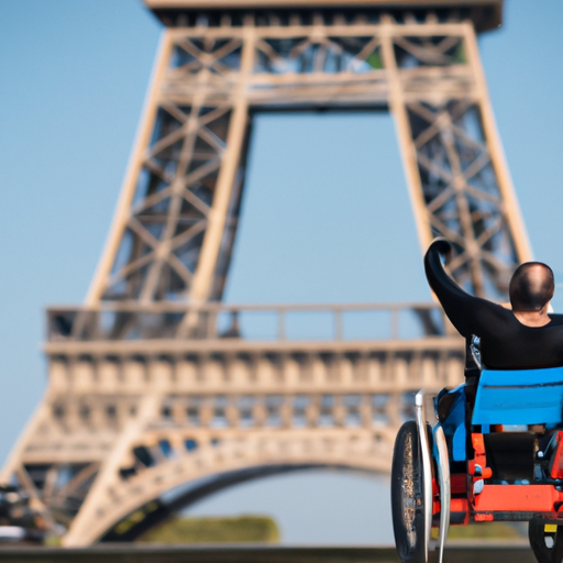 משתמש בכיסא גלגלים מצלם סלפי עם מגדל אייפל