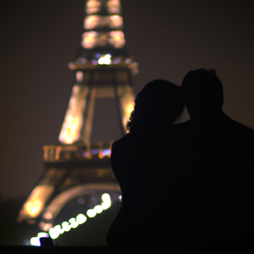 זוג חולק רגע רומנטי מול מגדל אייפל בלילה