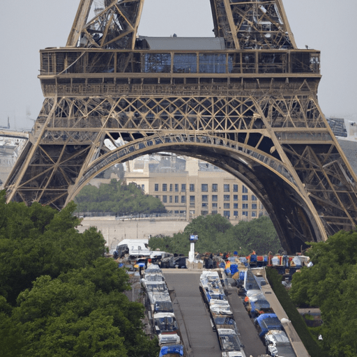 נוף פנורמי של מגדל אייפל מוקף במכוניות חונות ותיירים