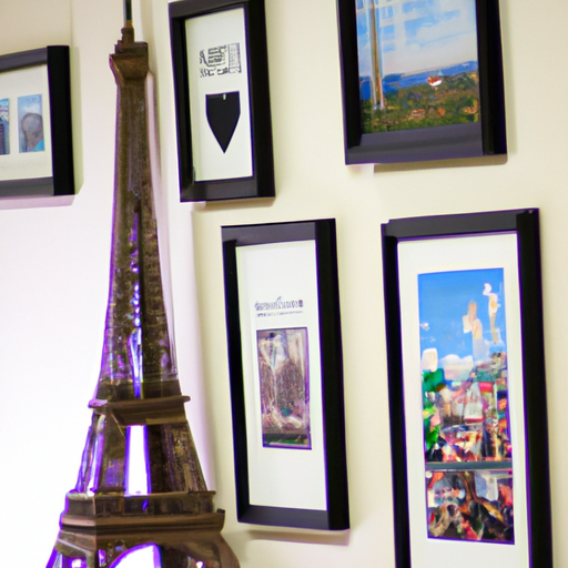 קיר גלריה הכולל אוסף תמונות ומזכרות של מגדל אייפל