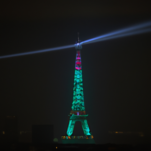 מבט מהאוויר של מגדל אייפל במהלך אירוע מיוחד, כשהאורות המנצנצים יוצרים מופע אורות מהפנט.