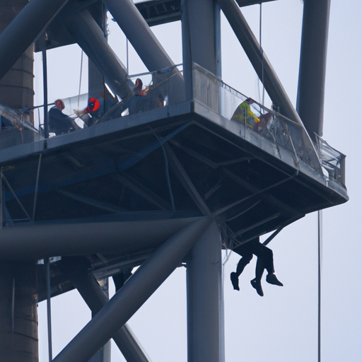 קבוצת מטפסים לוקחת הפסקה על אחד מרציפי המגדל, נהנית מהנוף