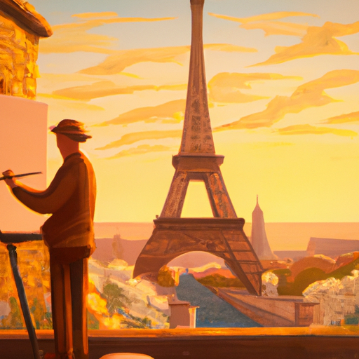 אמן המצייר את מגדל אייפל עם רקע פריזאי יפהפה