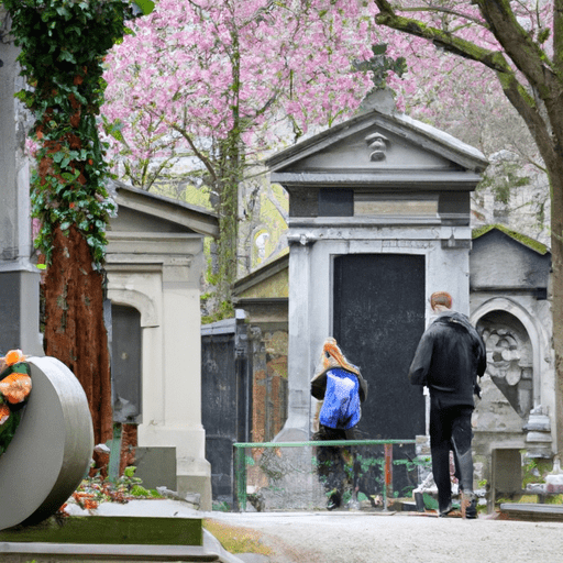 סצנה שלווה בבית הקברות פר לשז, כשהמבקרים חולקים כבוד.