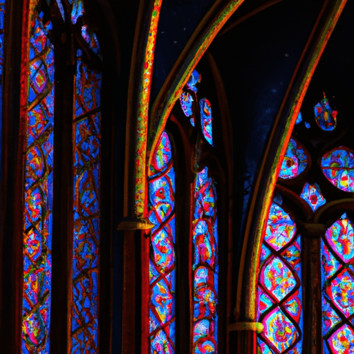 חלונות הוויטראז' התוססים של סנט-שאפל, משליכים אור צבעוני בכל הקפלה.